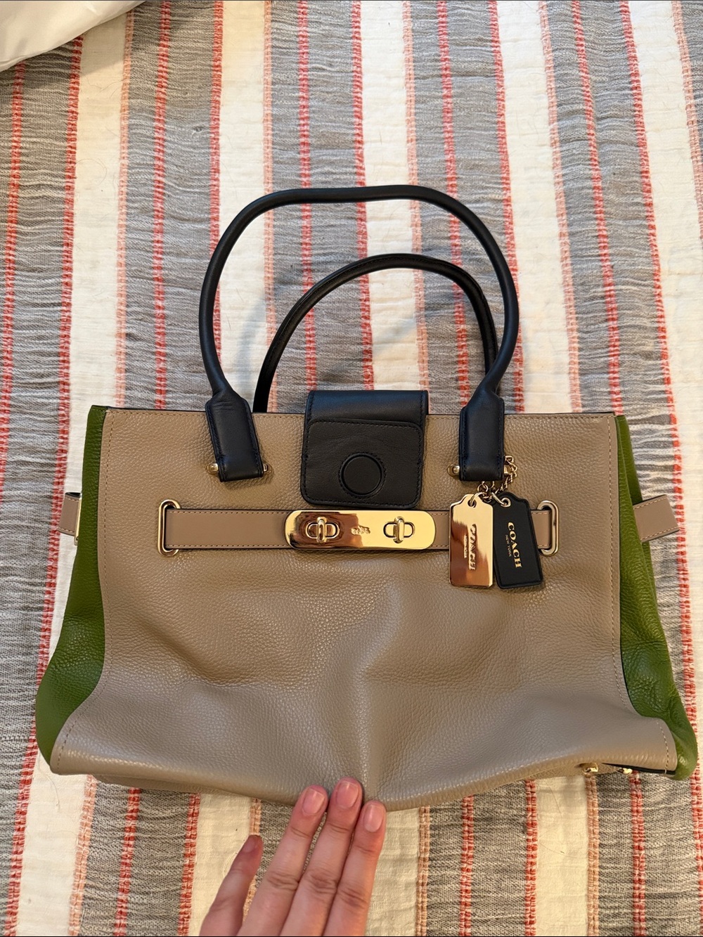Coach Two-Tone Leather Satchel — Taupe, Green & Black